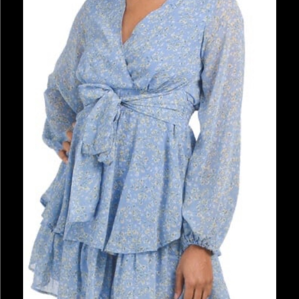 NWOT Beautiful Japna Chiffon Blue Floral Long-Sleeve Dress w/Waist Tie